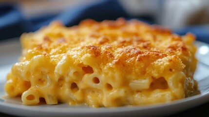 Creamy baked macaroni and cheese served on a plate with a golden crust and pasta details in a cozy kitchen setting