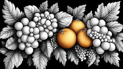 Wall Mural - Black and white illustration. Fruits on the branches. Grapes, apples.