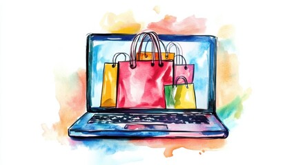 Colorful digital shopping bags emerging from a laptop screen in a vibrant and modern illustration of online shopping