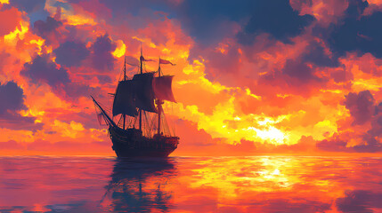 Illustrate a stunning image of a pirate ship sailing on calm waters at sunset, the sky ablaze with vibrant colors, reflecting the excitement and freedom of the open sea. Pirate Ship. Illustration