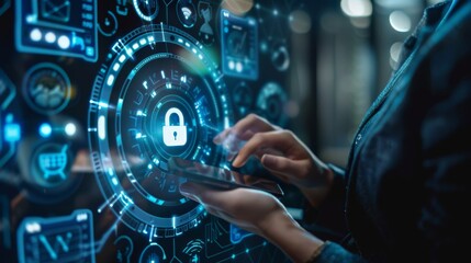 Poster - A cybersecurity expert reviews mobile device settings, focusing on privacy and security options with highlighted features Close-up photo with clean background