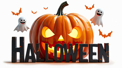 3d orange pumpkin with carved face next to bold black halloween text flanked by flying ghosts bats on white background festive celebration