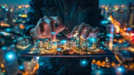 Poster - A man is using a tablet to touch a cityscape