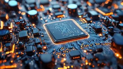 Poster - Computer futuristic boards with microchips energy chips and transistors on high tech computer abstract background. Data center, big data