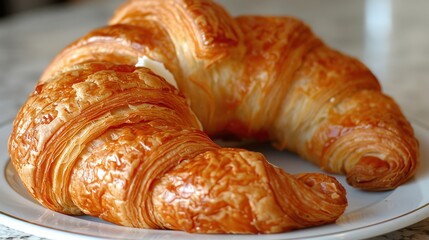 Two croissants on white plate with subtle pattern, showcasing flaky, golden-brown crust and intricate layers. Natural lighting texture warmth, making it an inviting, appetizing breakfast option.