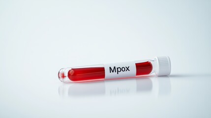 Poster - Single test tube labeled 'Mpox' with red liquid in a sterile lab environment. Focus on virus testing and healthcare measures.