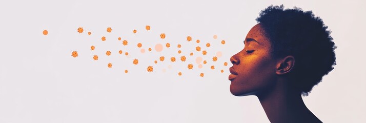 Aufkleber - Profile of African American woman sneezing virus particles into the air. Symbolizing contagious disease and viral spread.