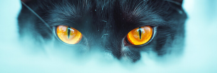 Mysterious black cat eyes peeking, eerie reflections on muted foggy background
