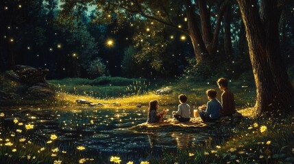 A family enjoys a picnic on a summer evening by a pond surrounded by fireflies in the woods.