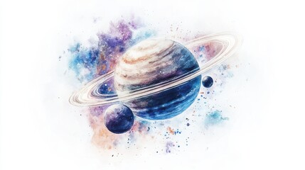 a stunning watercolor depiction of jupiter and its moons against a cosmic background filled with col