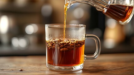 Coffee Pouring into Glass Mug with Coffee Beans