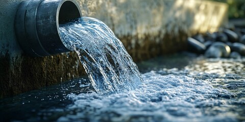 Water flowing from a metal pipe into a serene pond surrounded by natural stones during daylight hours