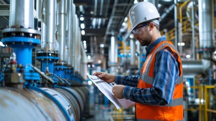 Poster - A man in a safety vest is reading a piece of paper while standing in a factory