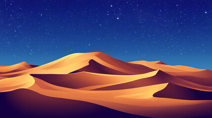 Undulating sand dunes form a scenic desert landscape. night background with blue gradient starry sky. Sahara Desert. Illustration