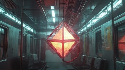 Poster - glowing futuristic cube floating in a dimly lit subway station