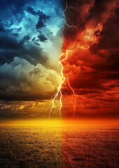 Wall Mural - 4️⃣ a split scene showing lightning in the sky, one side red and orange with dark storm clouds, symb