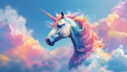 Canvas Print - Vibrant pastel unicorns galloping through rainbow clouds under a serene blue sky