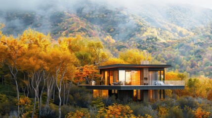 Poster - A house is built on a hillside with a view of the mountains