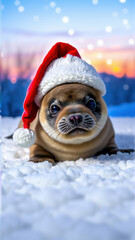 Wall Mural - Seal pup in Santa hat on snowy ground