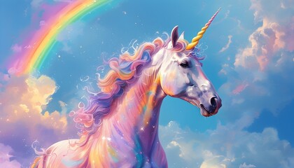 Canvas Print - Vibrant pastel unicorns galloping through rainbow clouds under a serene blue sky