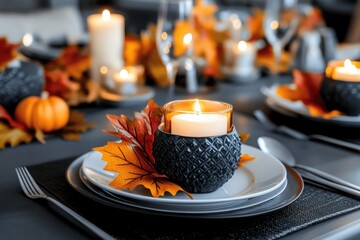 A beautifully set Thanksgiving table, complete with candles, fall foliage, and elegant tableware