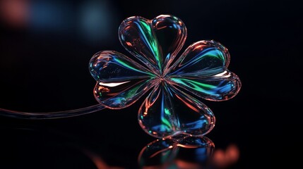 Glass four leaf clover with neon shades on black background