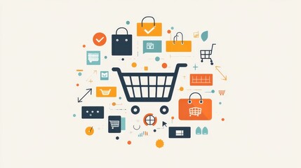 Colorful shopping cart illustration with shopping icons representing e-commerce and consumer activities in a digital context