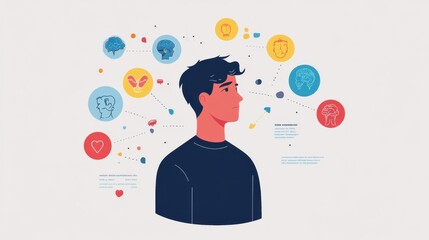 Aufkleber - -based infographic illustrating cognitive processes and innovation concepts with interconnected elements and diagrams around a thoughtful person
