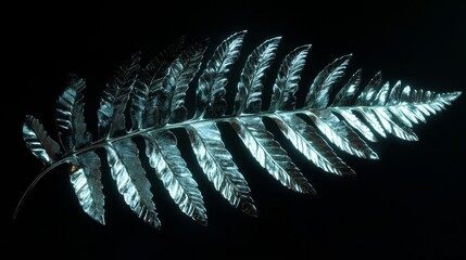 Wall Mural - 3d animation of a metallic fern with blue reflections on a black background