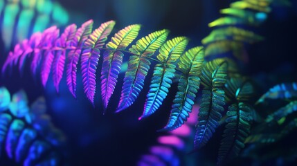 3d animation of a neon fern with blue reflections on a black background