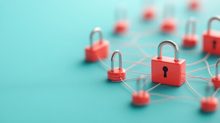 Wall Mural - a network of interconnected devices with a lock symbol on each, showcasing the concept of securing d