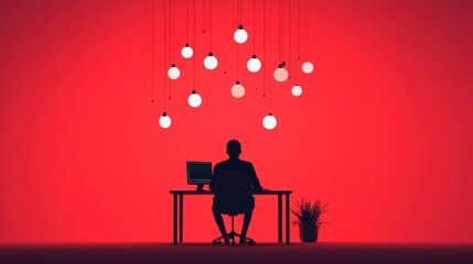 Wall Mural - a person sitting at a desk, surrounded by flashing red alerts, illustrating the constant tension and
