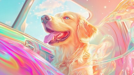 A golden retriever enjoying a colorful ride in a car with windows down on a sunny day, bringing joy and vibrant energy to the drive