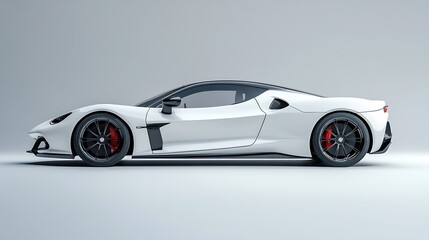 Wall Mural - A white sports car with black accents and red brake calipers, viewed from the side against a light grey background.