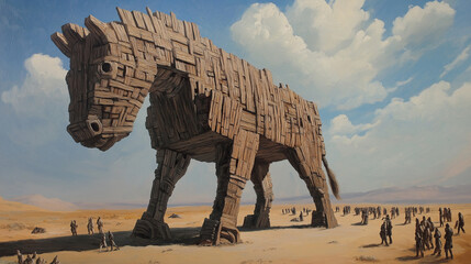 classic traditional renaissance oil painting on canvas of wooden Trojan horse