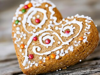 A beautifully decorated heart-shaped gingerbread cookie on a rustic wooden table with icing design.