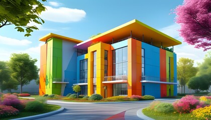 Wall Mural - Cartoon Illustration of Low-Energy, High-Performance Insulated Architecture in Flat Design with Pastel Colors