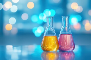 Wall Mural - science lab banner design with colorful liquids in pipette and flask on table