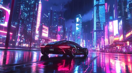 Wall Mural - Neon sports car in a futuristic night city