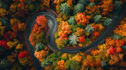 Bird's-eye view of a vehicle moving through a winding path surrounded by a colorful autumn forest, with a mixture of green, orange, and yellow foliage. Close-up photo with clean background