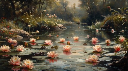 Canvas Print - Water Lilies and Frogs in a Serene Pond