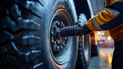 Wall Mural - Close-up of a Mechanic Working on a Large Vehicle Tire