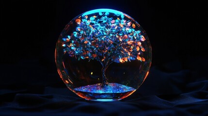 Glowing 3D tree inside a transparent sphere with vibrant colors