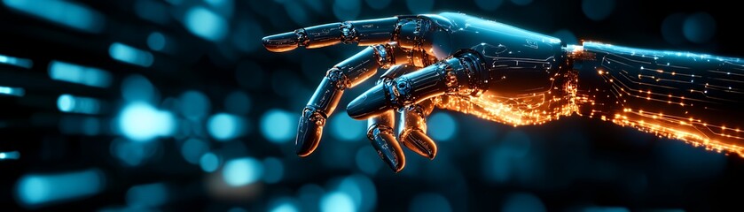 A close-up of a robotic hand with glowing circuits, reaching out against a blue bokeh background.
