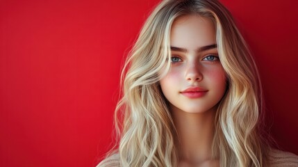 teen blonde girl on plain red background model portrait lifestyle hair skin care ad concept copy space