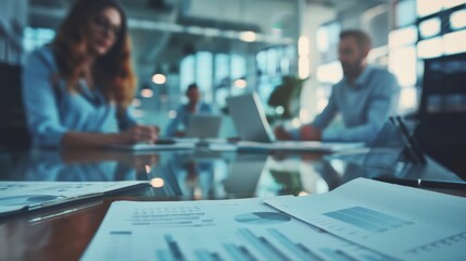 Poster - Business team analyzing financial reports at modern office desk, close-up photo with clean background