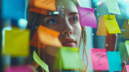 Poster - Business team brainstorming ideas with sticky notes on glass wall, close-up photo with clean background