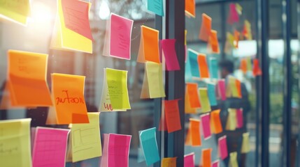 Poster - Business team brainstorming ideas with sticky notes on glass wall, close-up photo with clean background