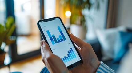 Poster - Businessperson holding smartphone with financial chart on screen, close-up photo with clean background