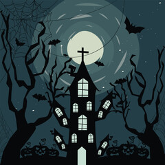 Aufkleber - Halloween Night And Scary Haunted House Background Vector Design.